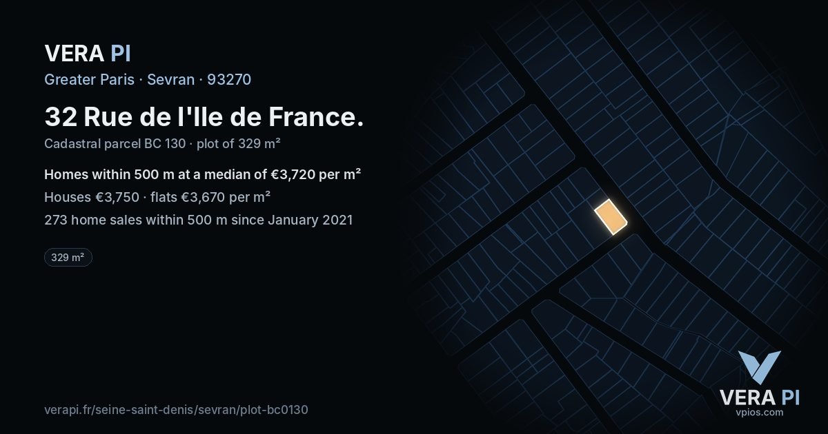 32 Rue de l'Ile de France, Sevran at night – the plot lit, the parcels around coloured by the prices near them