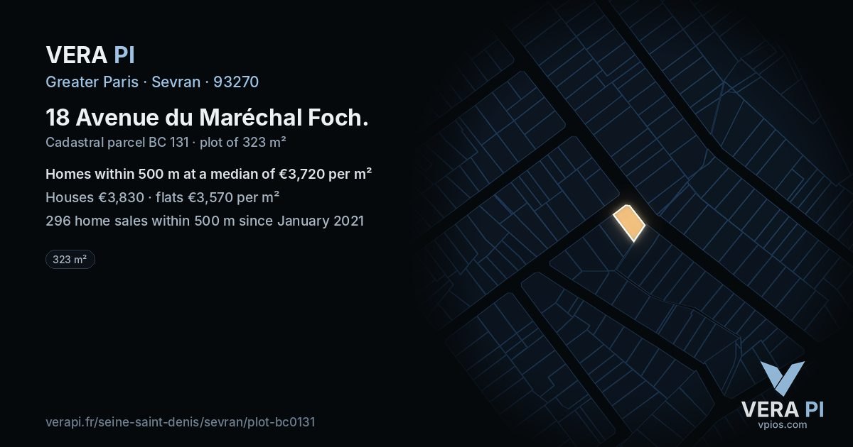 18 Avenue du Maréchal Foch, Sevran at night – the plot lit, the parcels around coloured by the prices near them