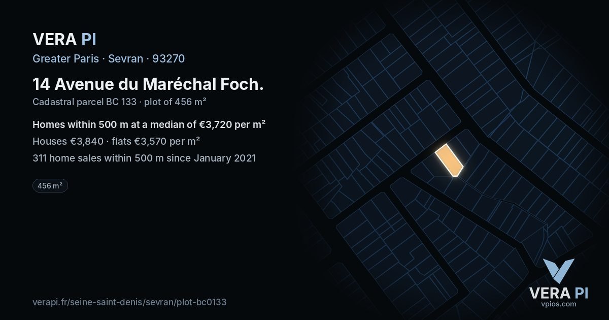 14 Avenue du Maréchal Foch, Sevran at night – the plot lit, the parcels around coloured by the prices near them