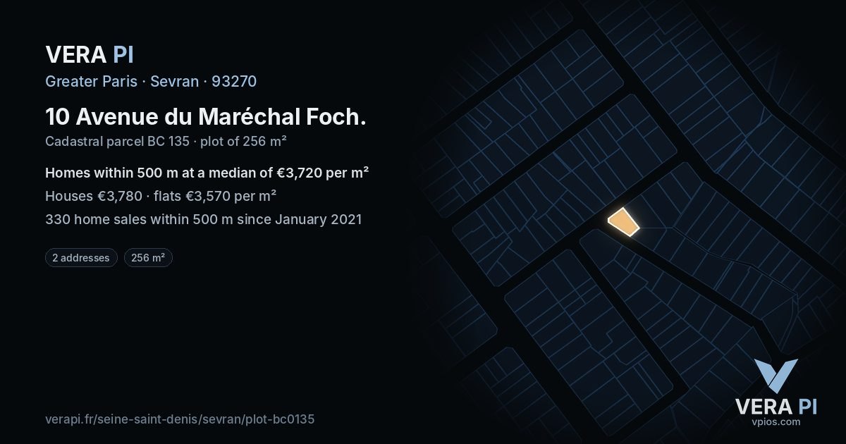 10 Avenue du Maréchal Foch, Sevran at night – the plot lit, the parcels around coloured by the prices near them
