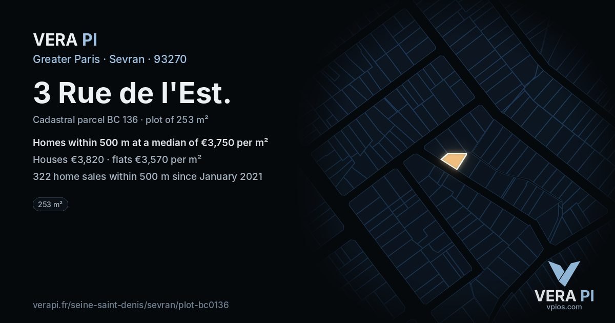 3 Rue de l'Est, Sevran at night – the plot lit, the parcels around coloured by the prices near them