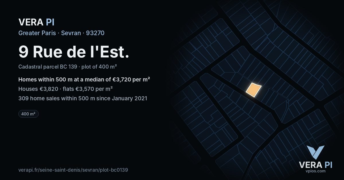 9 Rue de l'Est, Sevran at night – the plot lit, the parcels around coloured by the prices near them