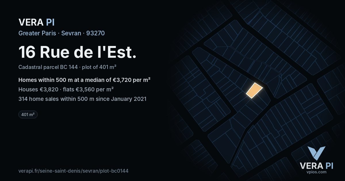16 Rue de l'Est, Sevran at night – the plot lit, the parcels around coloured by the prices near them