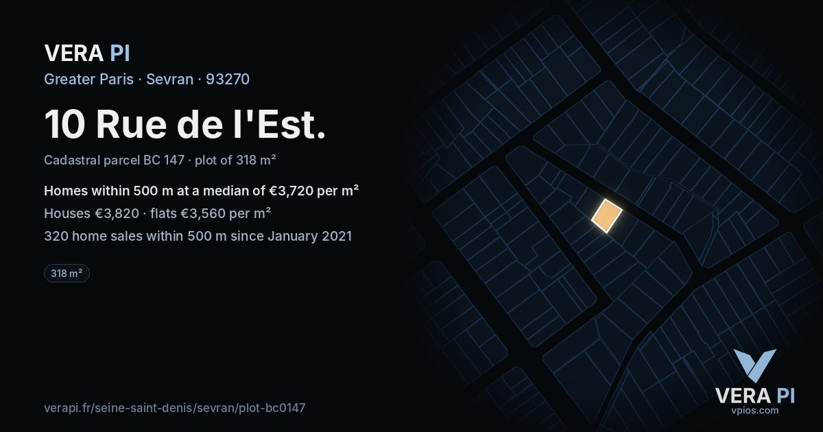10 Rue de l'Est, Sevran at night – the plot lit, the parcels around coloured by the prices near them