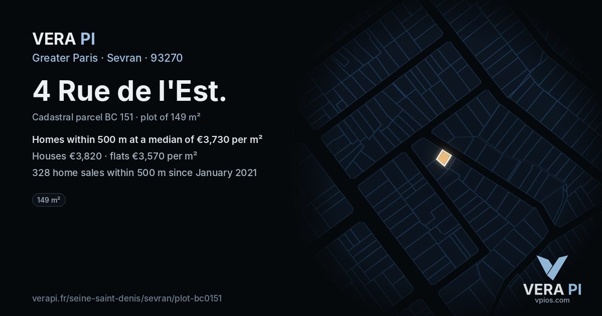 4 Rue de l'Est, Sevran at night – the plot lit, the parcels around coloured by the prices near them