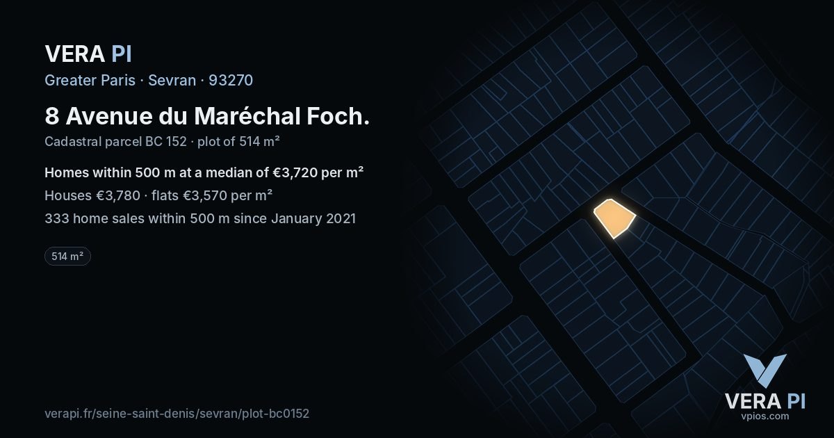 8 Avenue du Maréchal Foch, Sevran at night – the plot lit, the parcels around coloured by the prices near them