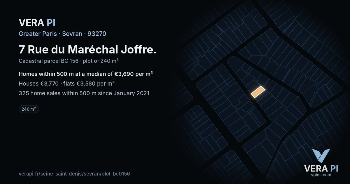 7 Rue du Maréchal Joffre, Sevran at night – the plot lit, the parcels around coloured by the prices near them