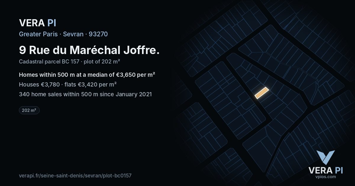 9 Rue du Maréchal Joffre, Sevran at night – the plot lit, the parcels around coloured by the prices near them