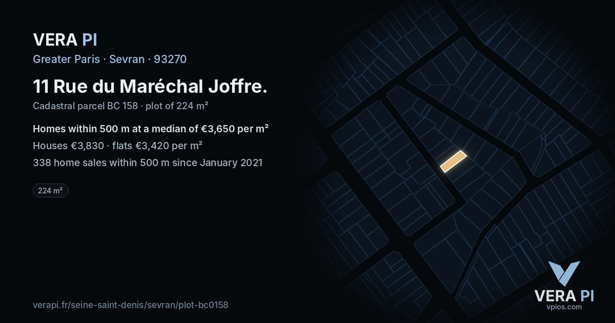11 Rue du Maréchal Joffre, Sevran at night – the plot lit, the parcels around coloured by the prices near them