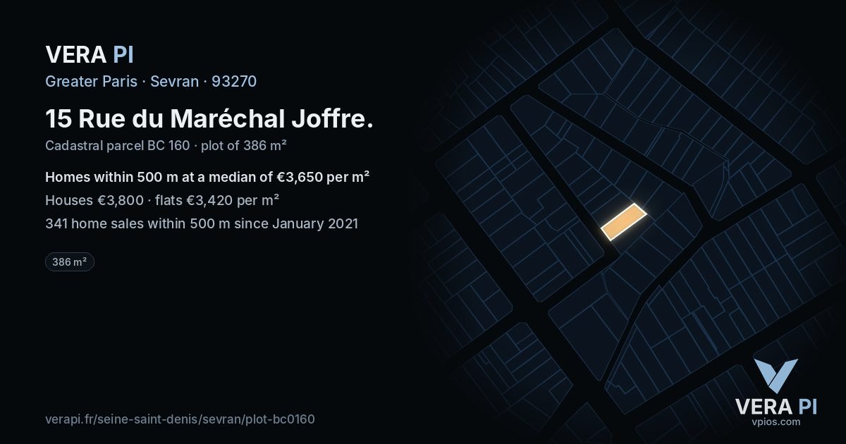 15 Rue du Maréchal Joffre, Sevran at night – the plot lit, the parcels around coloured by the prices near them