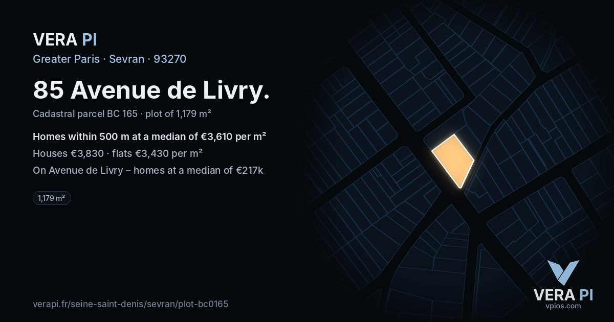 85 Avenue de Livry, Sevran at night – the plot lit, the parcels around coloured by the prices near them