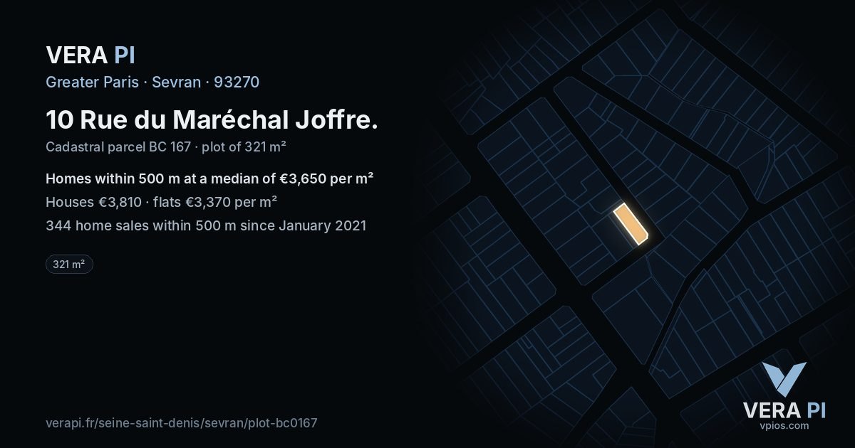 10 Rue du Maréchal Joffre, Sevran at night – the plot lit, the parcels around coloured by the prices near them