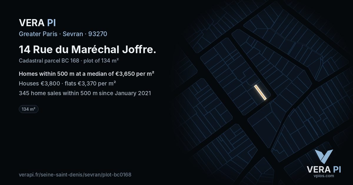 14 Rue du Maréchal Joffre, Sevran at night – the plot lit, the parcels around coloured by the prices near them