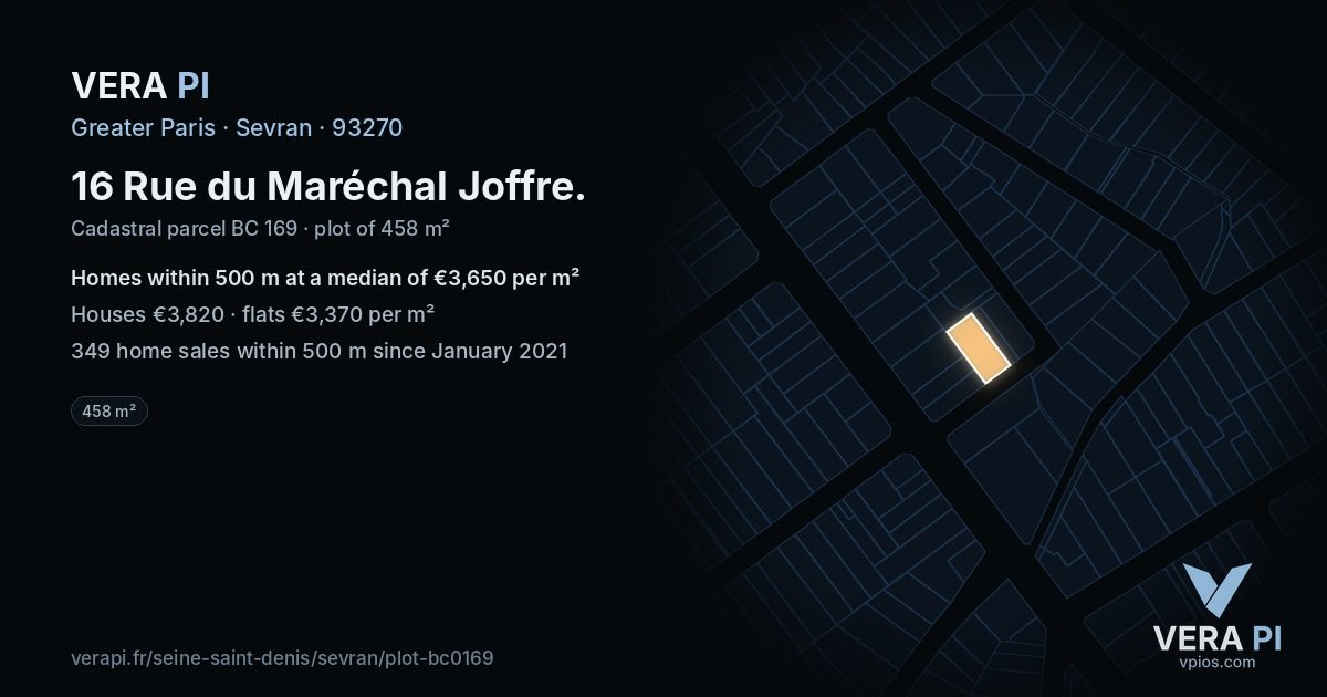 16 Rue du Maréchal Joffre, Sevran at night – the plot lit, the parcels around coloured by the prices near them
