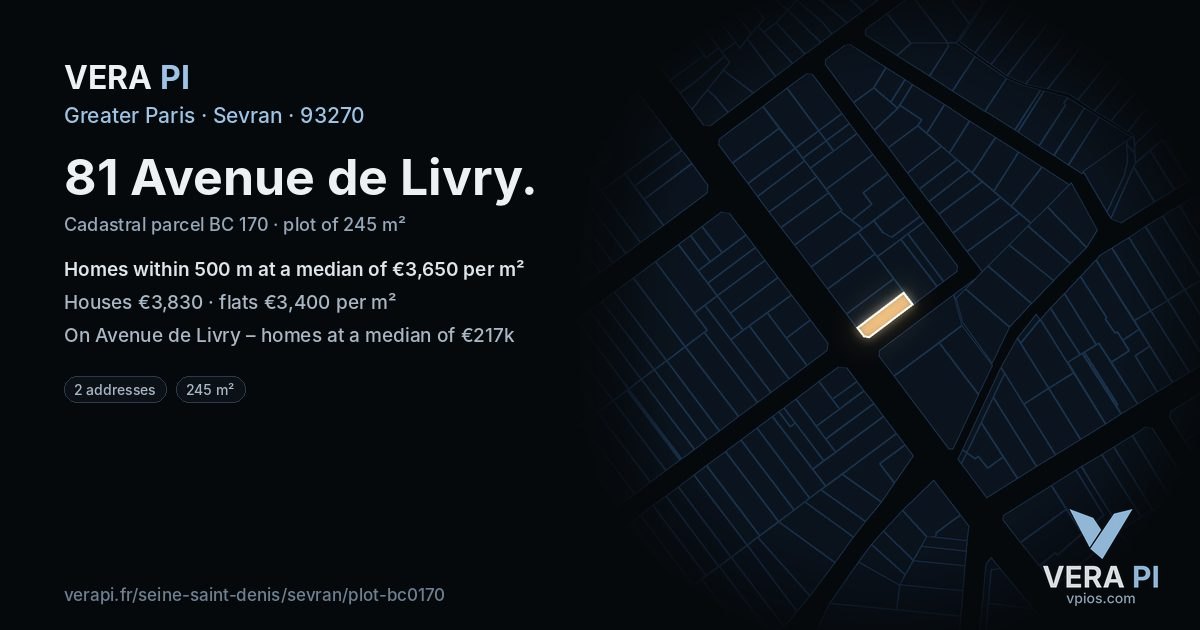 81 Avenue de Livry, Sevran at night – the plot lit, the parcels around coloured by the prices near them