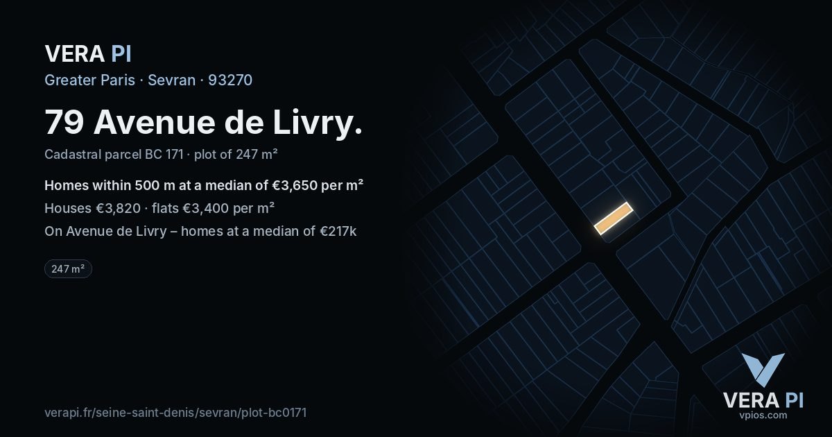 79 Avenue de Livry, Sevran at night – the plot lit, the parcels around coloured by the prices near them