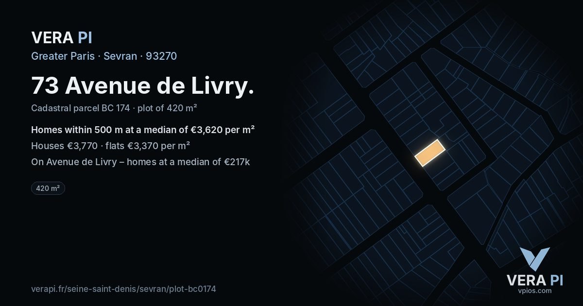 73 Avenue de Livry, Sevran at night – the plot lit, the parcels around coloured by the prices near them