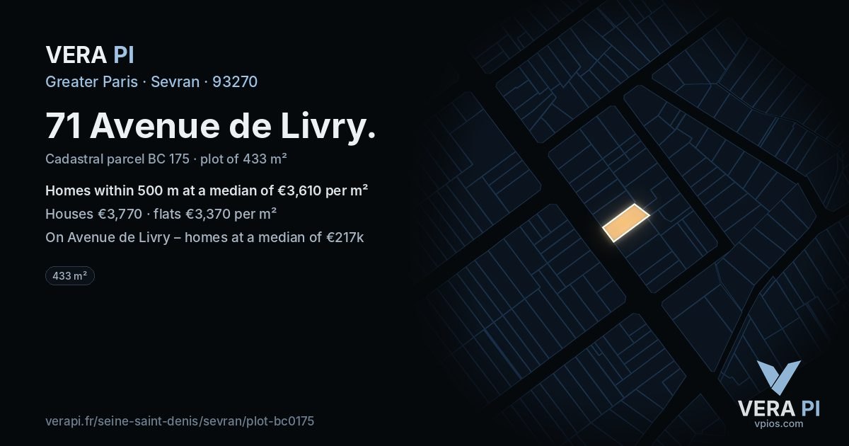 71 Avenue de Livry, Sevran at night – the plot lit, the parcels around coloured by the prices near them