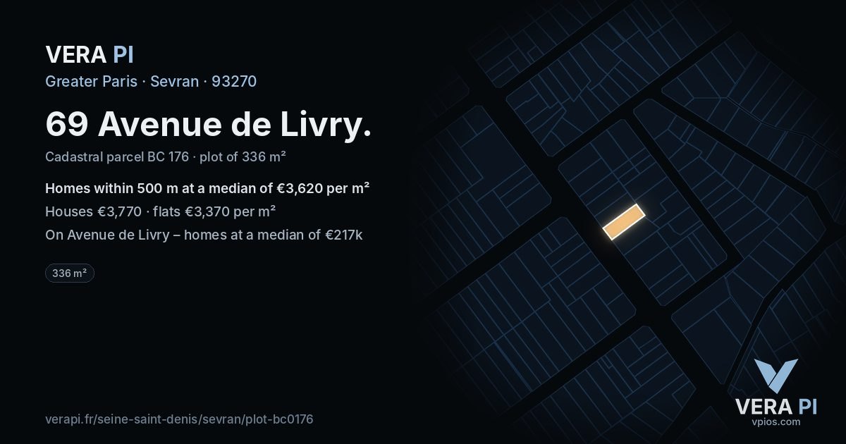 69 Avenue de Livry, Sevran at night – the plot lit, the parcels around coloured by the prices near them