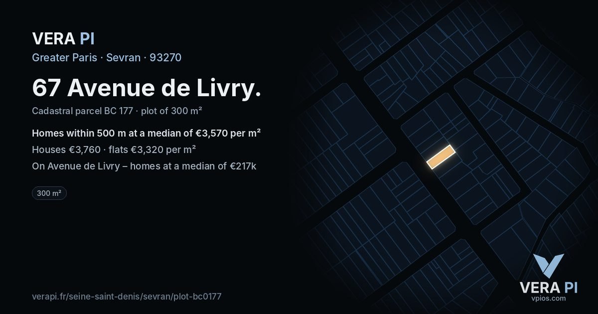 67 Avenue de Livry, Sevran at night – the plot lit, the parcels around coloured by the prices near them