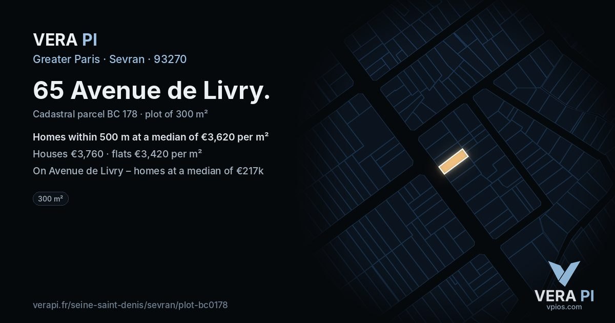 65 Avenue de Livry, Sevran at night – the plot lit, the parcels around coloured by the prices near them