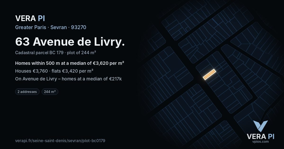 63 Avenue de Livry, Sevran at night – the plot lit, the parcels around coloured by the prices near them