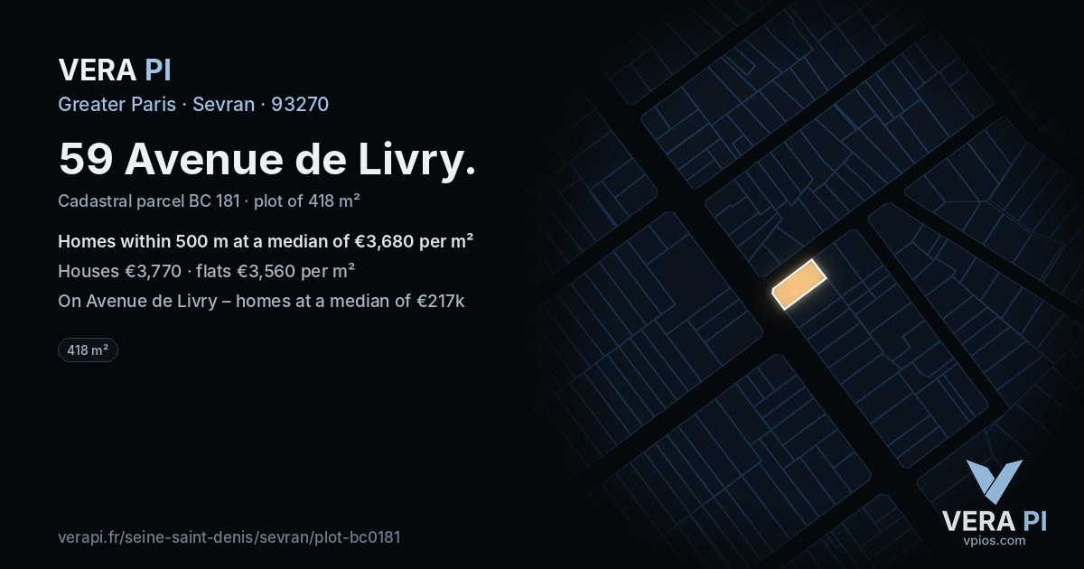 59 Avenue de Livry, Sevran at night – the plot lit, the parcels around coloured by the prices near them