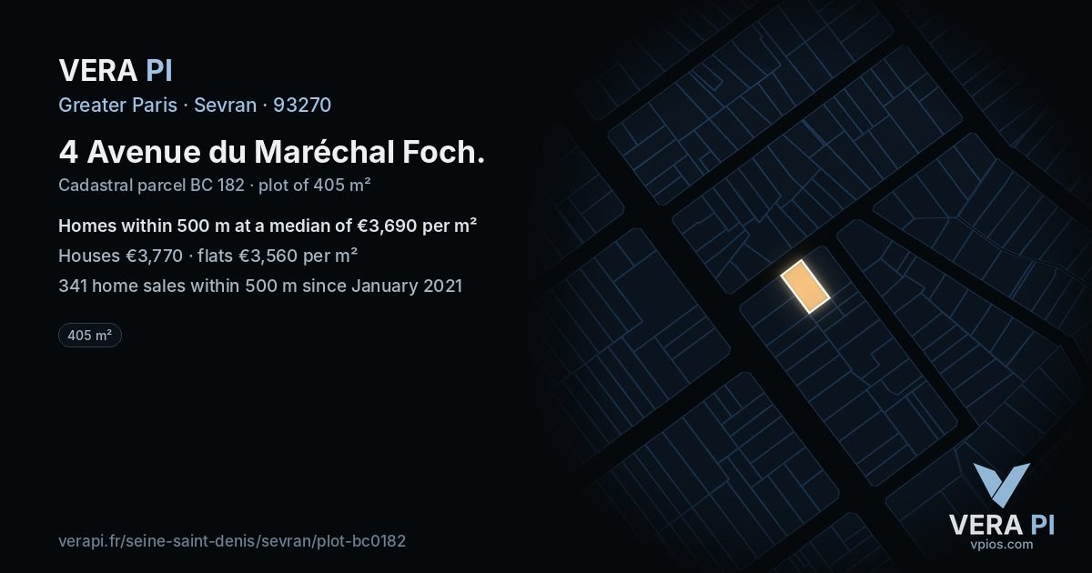4 Avenue du Maréchal Foch, Sevran at night – the plot lit, the parcels around coloured by the prices near them