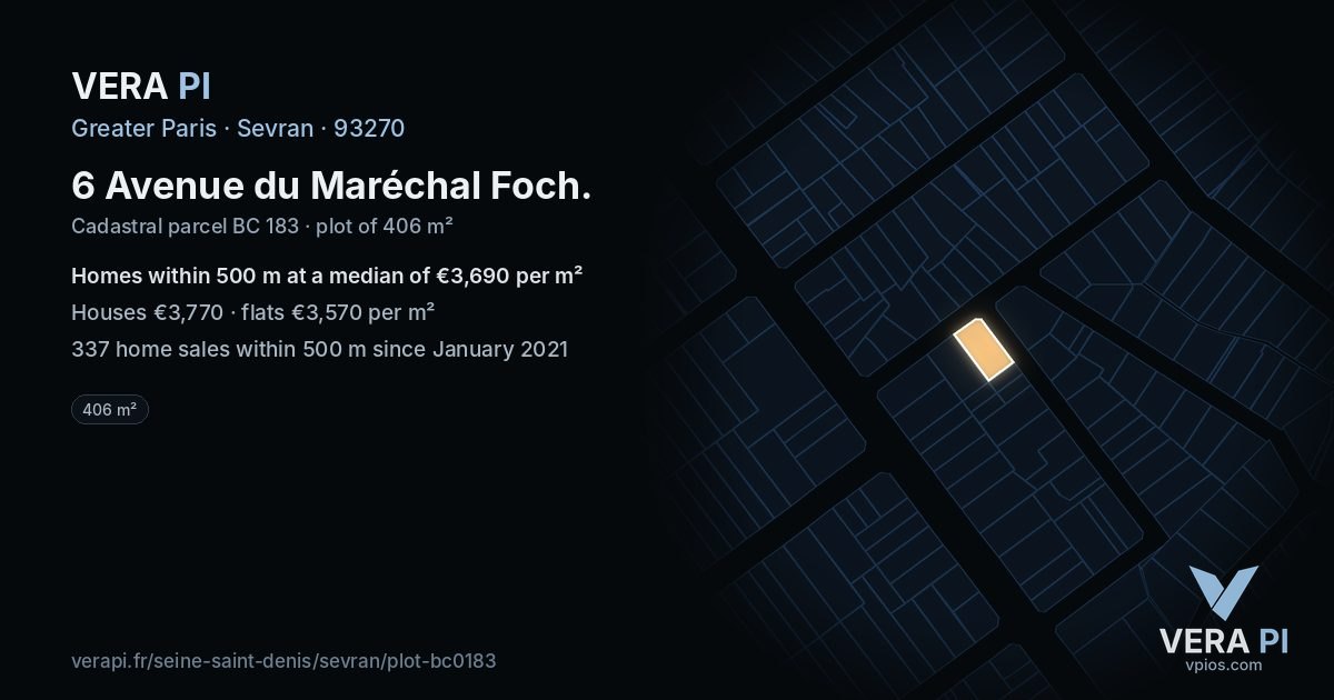 6 Avenue du Maréchal Foch, Sevran at night – the plot lit, the parcels around coloured by the prices near them