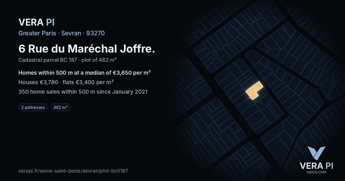 6 Rue du Maréchal Joffre, Sevran at night – the plot lit, the parcels around coloured by the prices near them