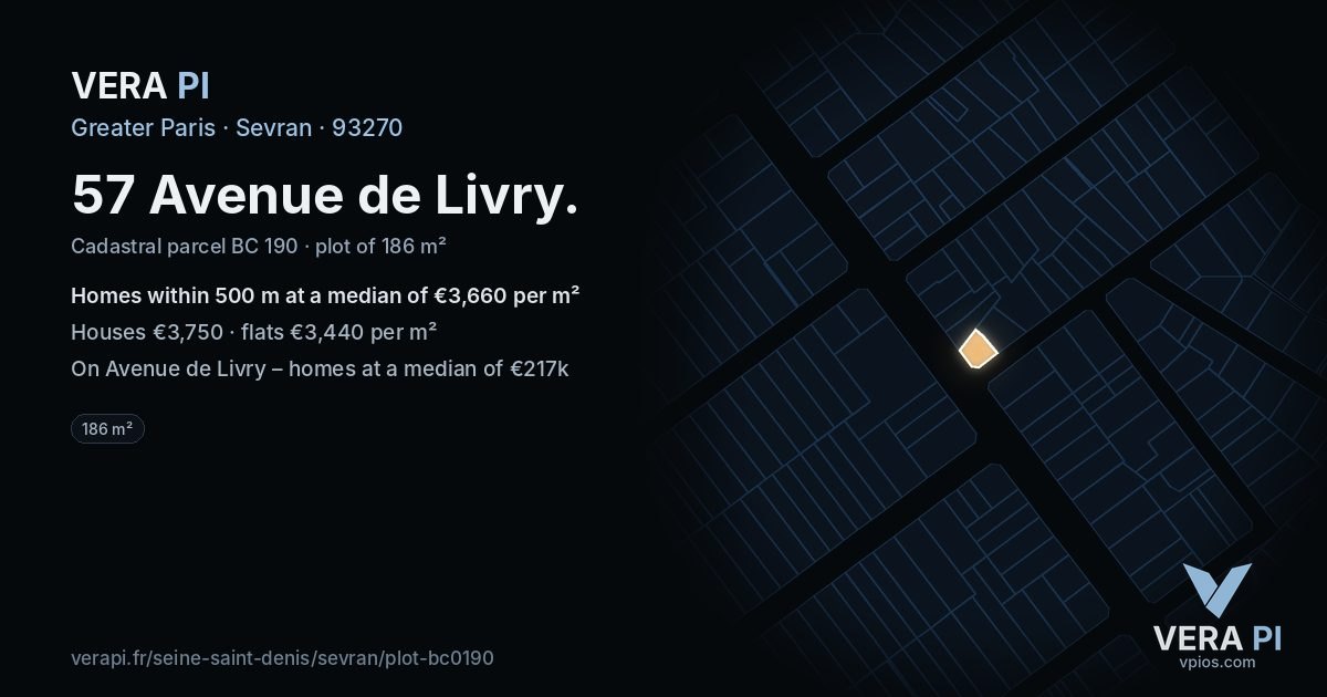 57 Avenue de Livry, Sevran at night – the plot lit, the parcels around coloured by the prices near them