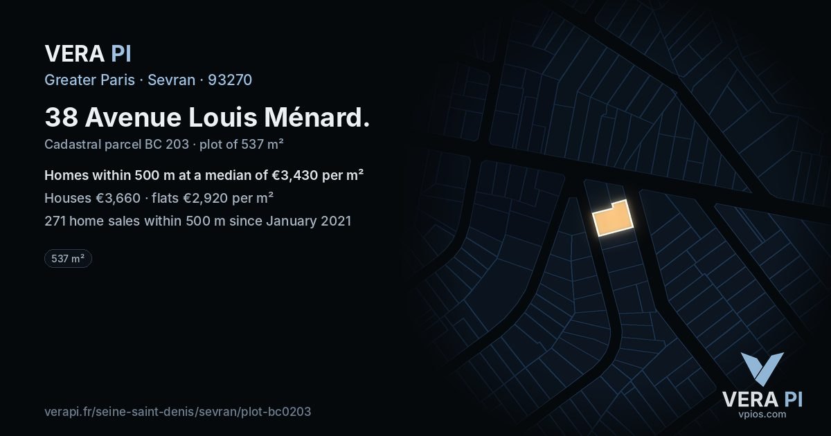 38 Avenue Louis Ménard, Sevran at night – the plot lit, the parcels around coloured by the prices near them