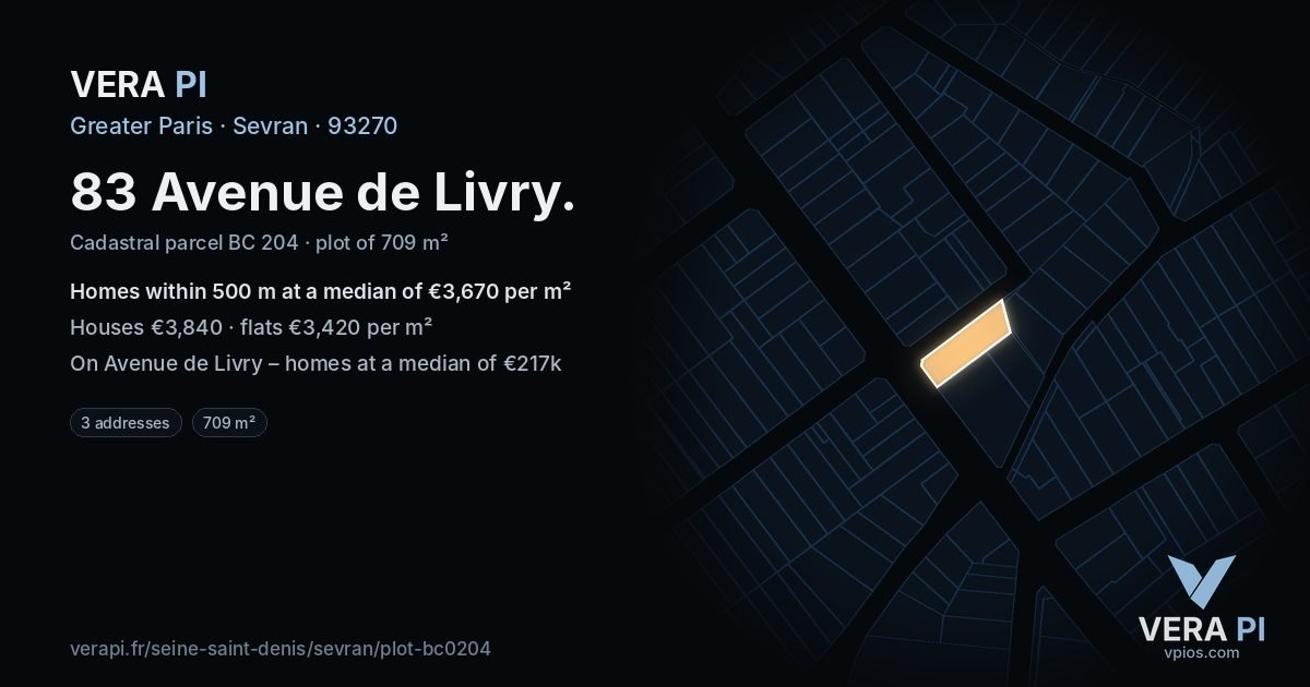 83 Avenue de Livry, Sevran at night – the plot lit, the parcels around coloured by the prices near them