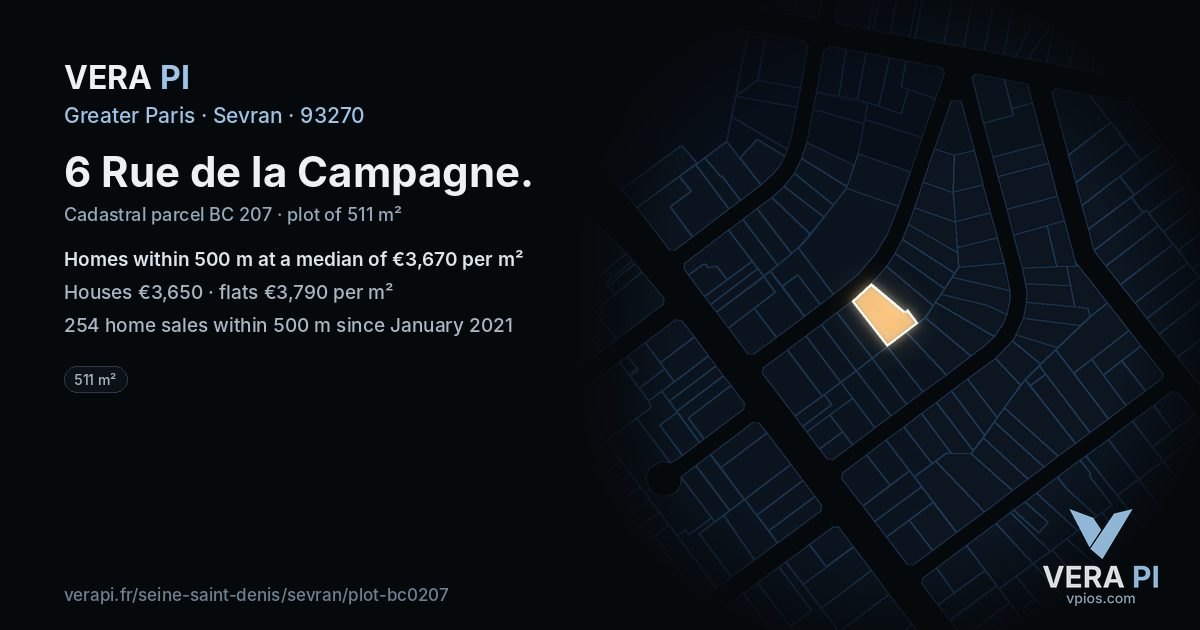 6 Rue de la Campagne, Sevran at night – the plot lit, the parcels around coloured by the prices near them