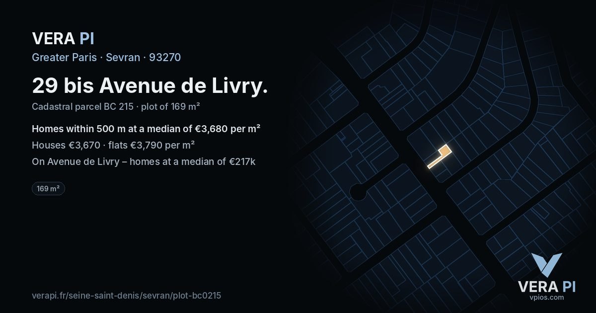29 bis Avenue de Livry, Sevran at night – the plot lit, the parcels around coloured by the prices near them