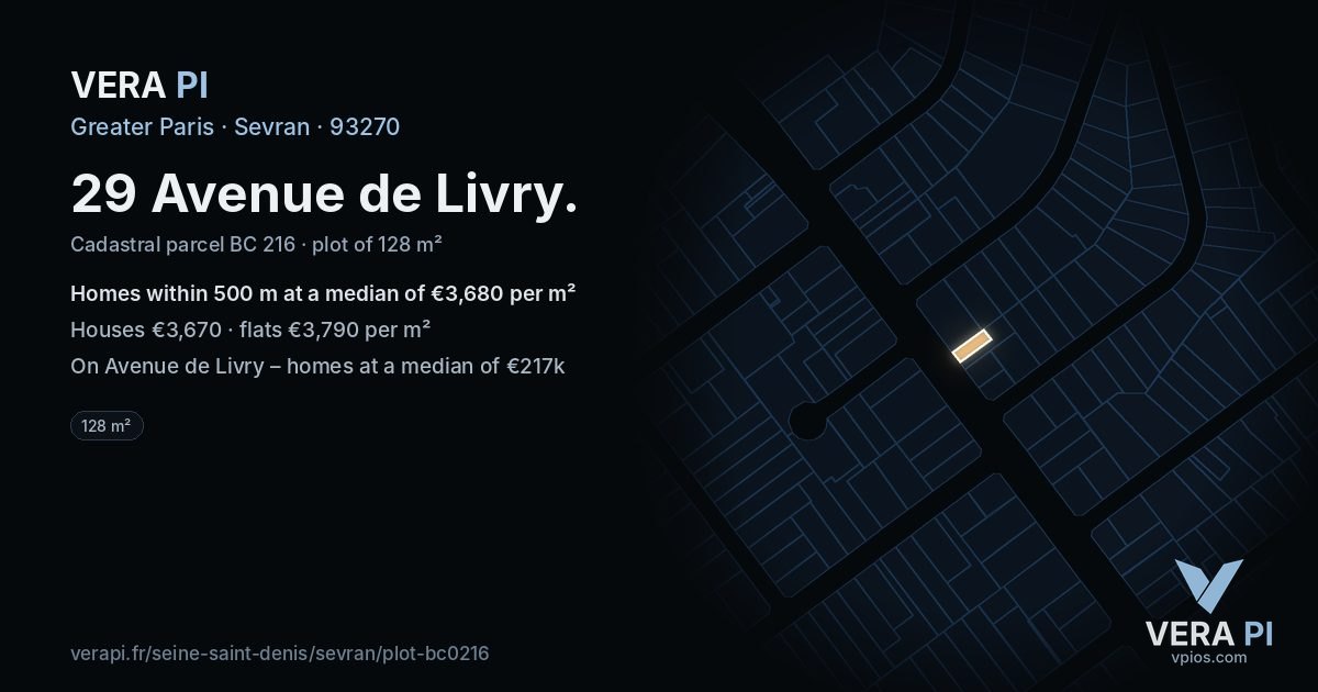 29 Avenue de Livry, Sevran at night – the plot lit, the parcels around coloured by the prices near them
