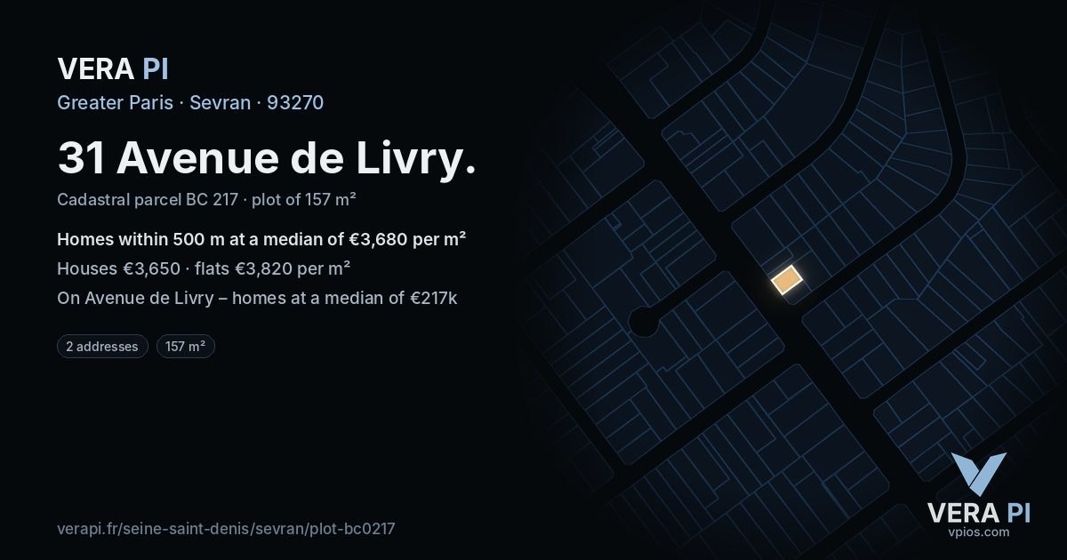 31 Avenue de Livry, Sevran at night – the plot lit, the parcels around coloured by the prices near them