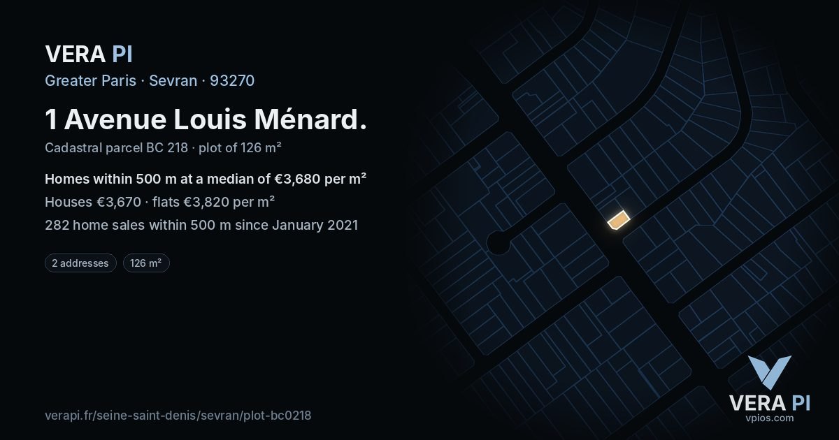 1 Avenue Louis Ménard, Sevran at night – the plot lit, the parcels around coloured by the prices near them