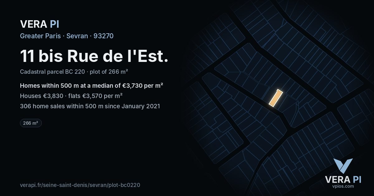11 bis Rue de l'Est, Sevran at night – the plot lit, the parcels around coloured by the prices near them