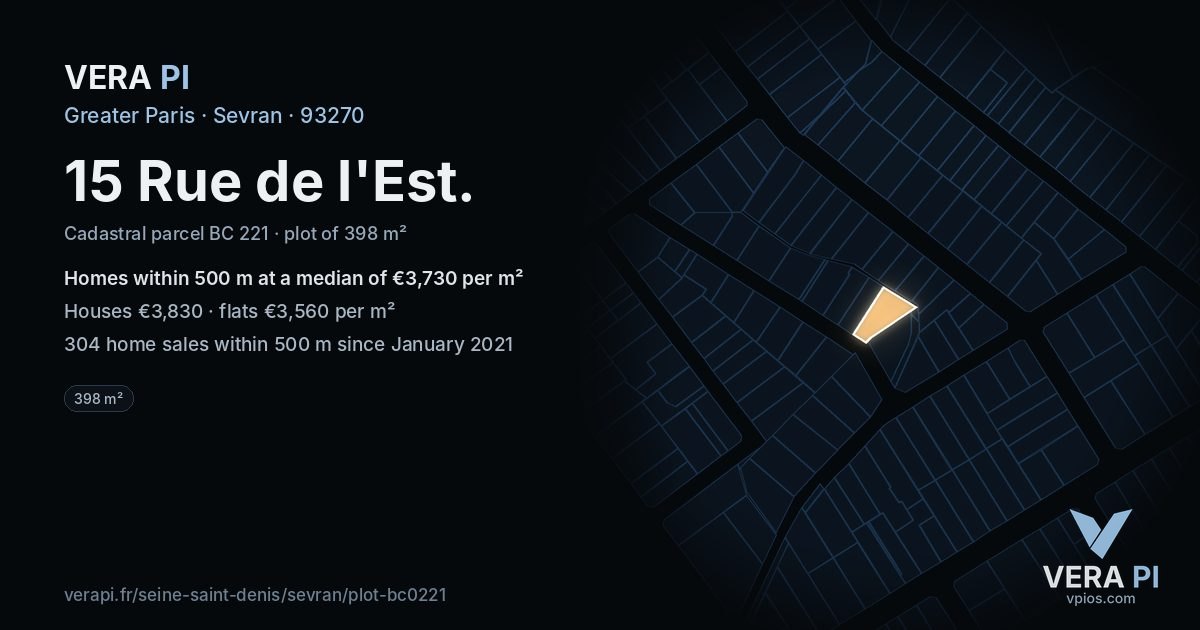 15 Rue de l'Est, Sevran at night – the plot lit, the parcels around coloured by the prices near them