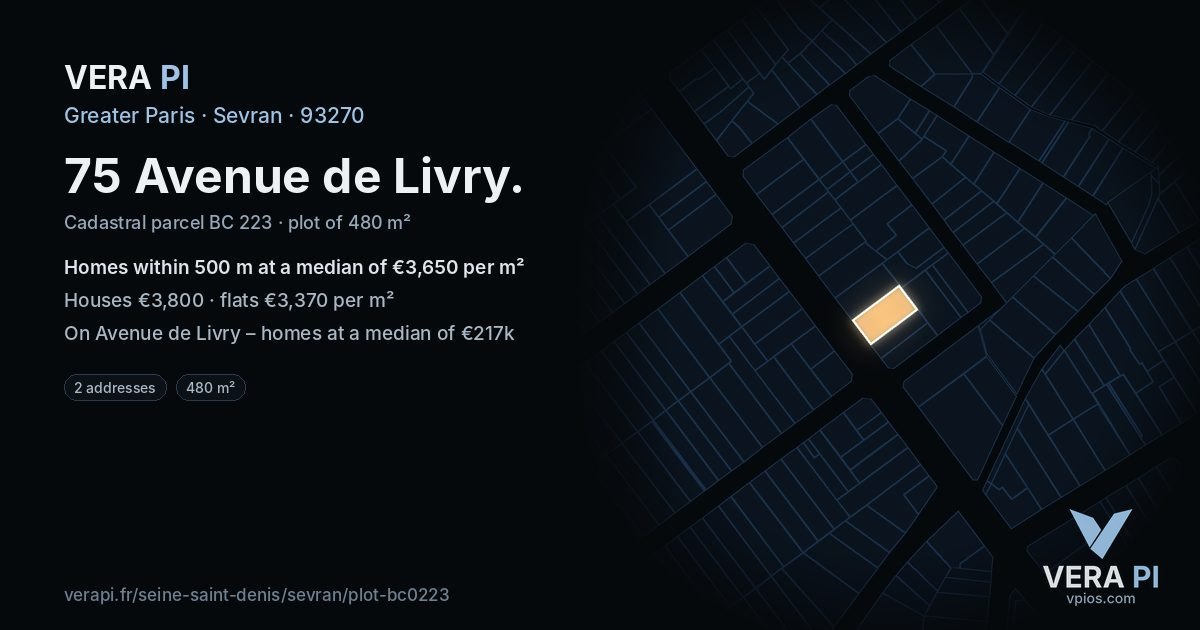 75 Avenue de Livry, Sevran at night – the plot lit, the parcels around coloured by the prices near them