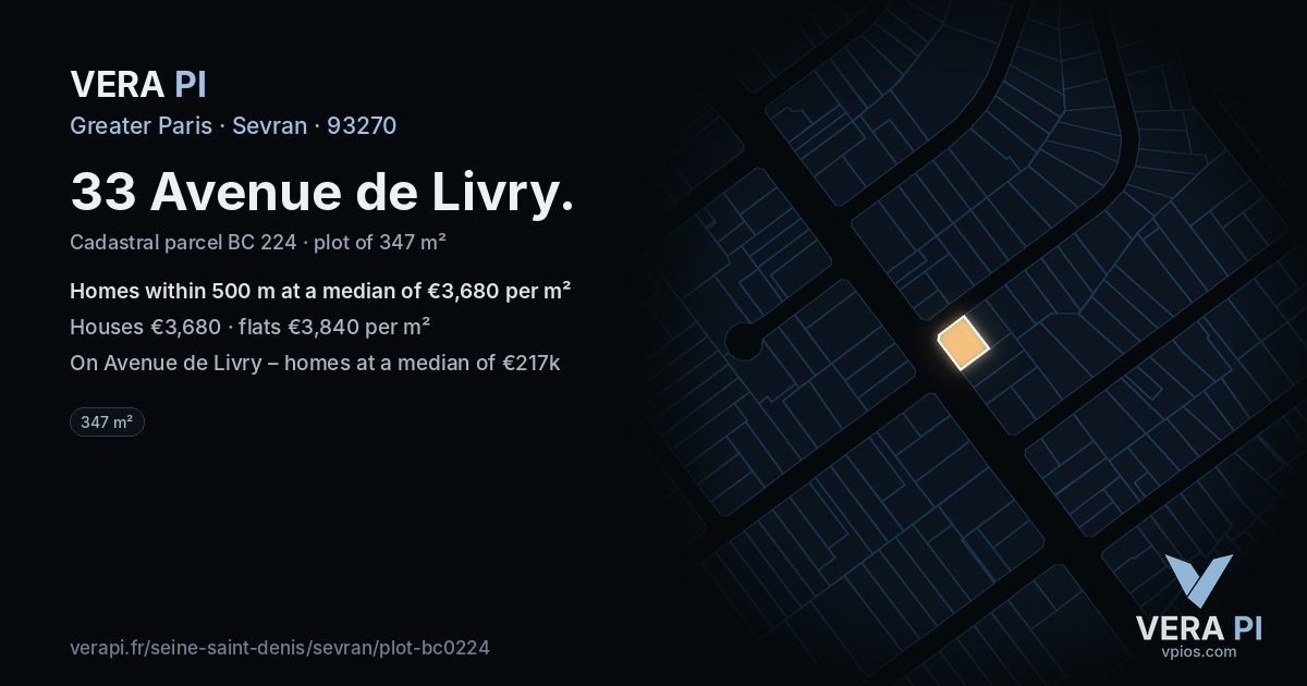 33 Avenue de Livry, Sevran at night – the plot lit, the parcels around coloured by the prices near them