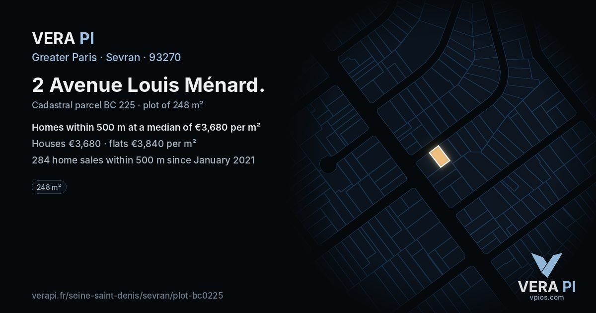 2 Avenue Louis Ménard, Sevran at night – the plot lit, the parcels around coloured by the prices near them