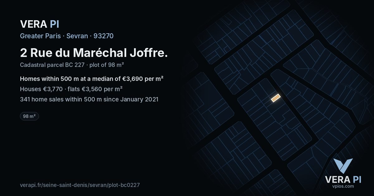 2 Rue du Maréchal Joffre, Sevran at night – the plot lit, the parcels around coloured by the prices near them