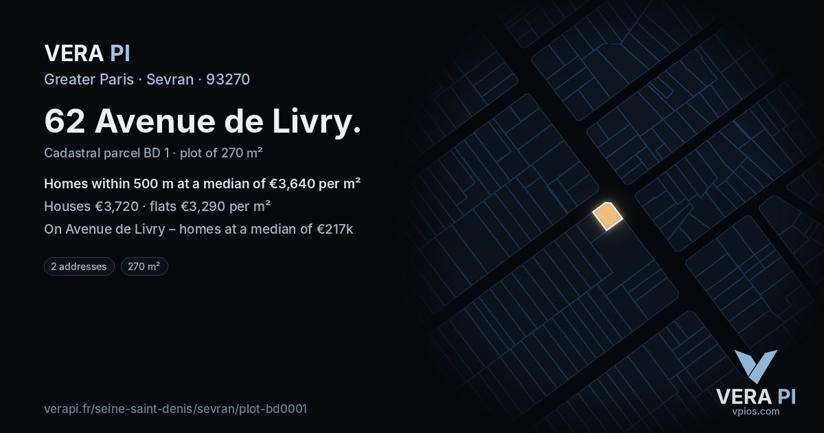 62 Avenue de Livry, Sevran at night – the plot lit, the parcels around coloured by the prices near them