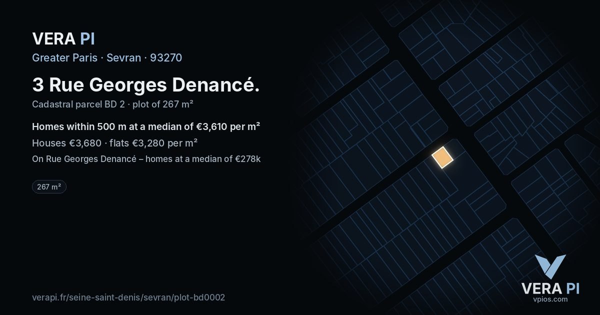 3 Rue Georges Denancé, Sevran at night – the plot lit, the parcels around coloured by the prices near them