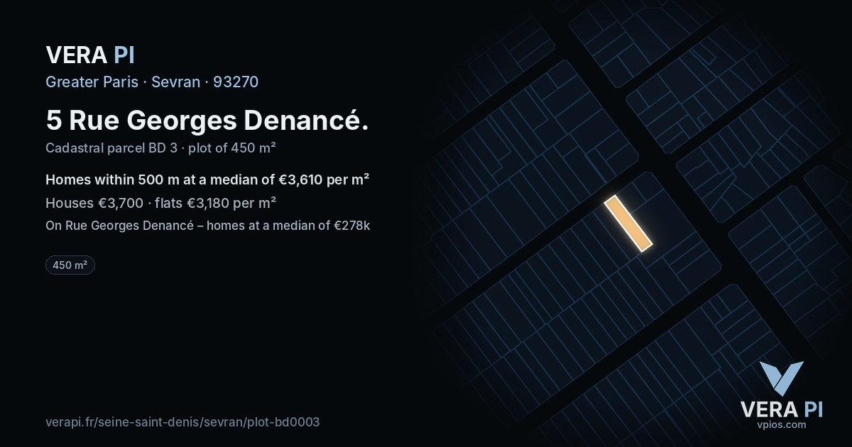 5 Rue Georges Denancé, Sevran at night – the plot lit, the parcels around coloured by the prices near them