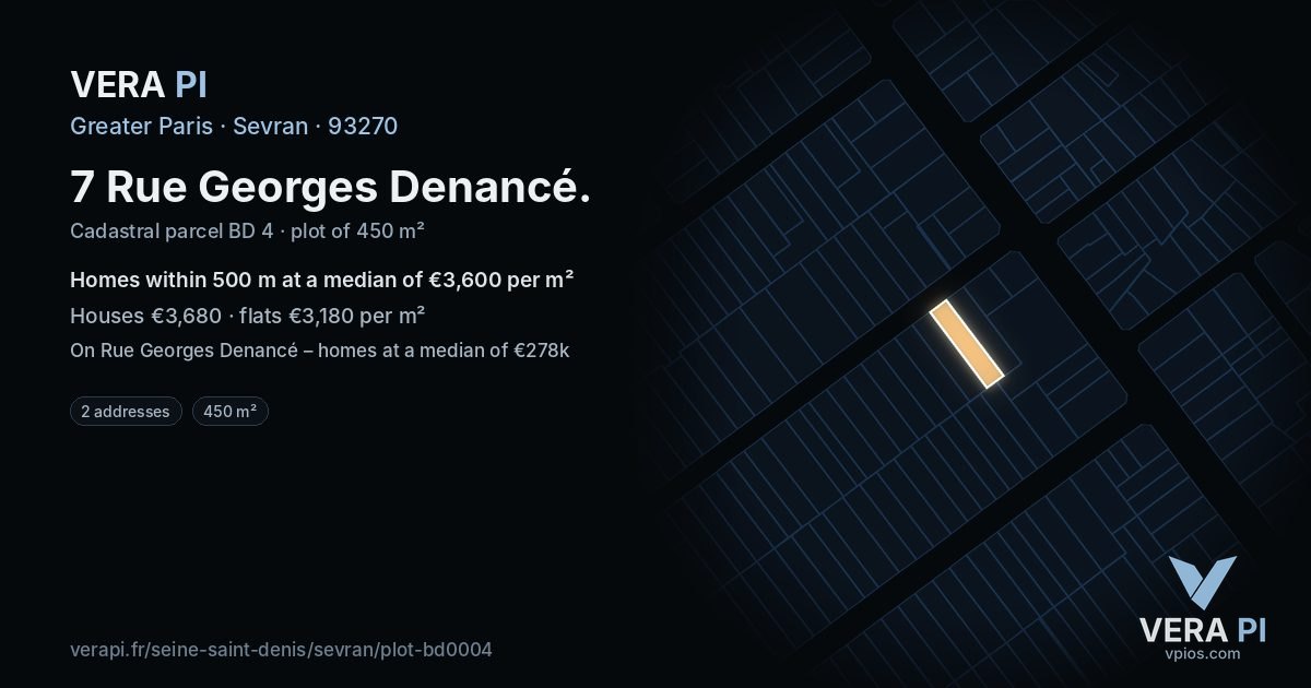 7 Rue Georges Denancé, Sevran at night – the plot lit, the parcels around coloured by the prices near them