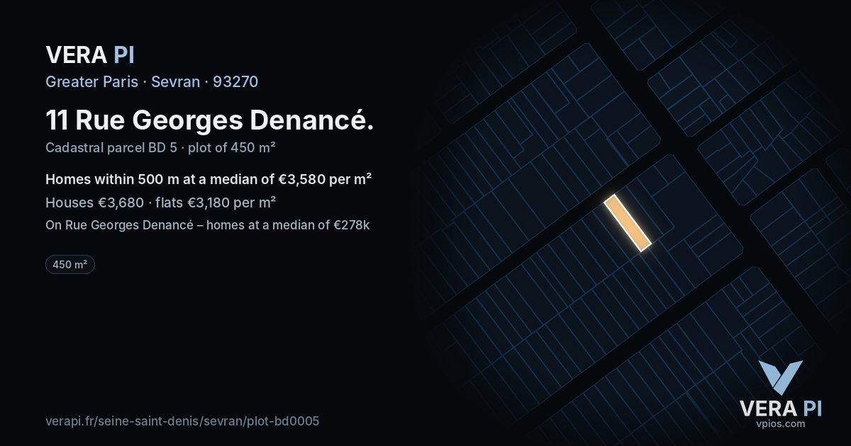 11 Rue Georges Denancé, Sevran at night – the plot lit, the parcels around coloured by the prices near them