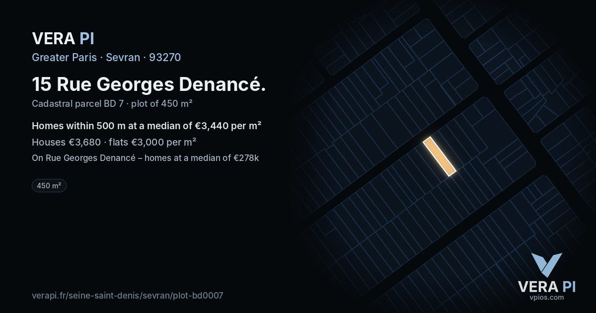 15 Rue Georges Denancé, Sevran at night – the plot lit, the parcels around coloured by the prices near them
